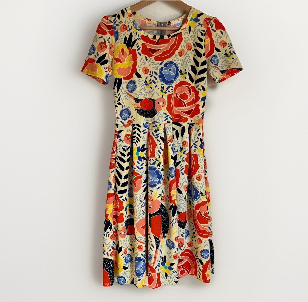 LuLaRoe Women S Floral Bird Modest Amelia Dress Fit and Flare Box Pleats Pockets